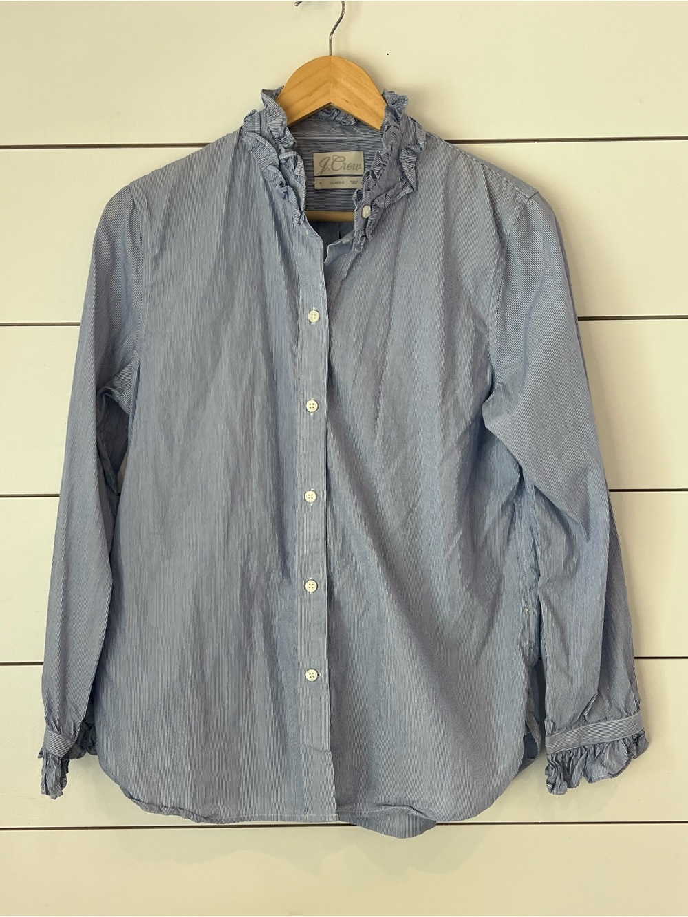 J. Crew Light Blue Striped Ruffle-Collar Button-Up Blouse